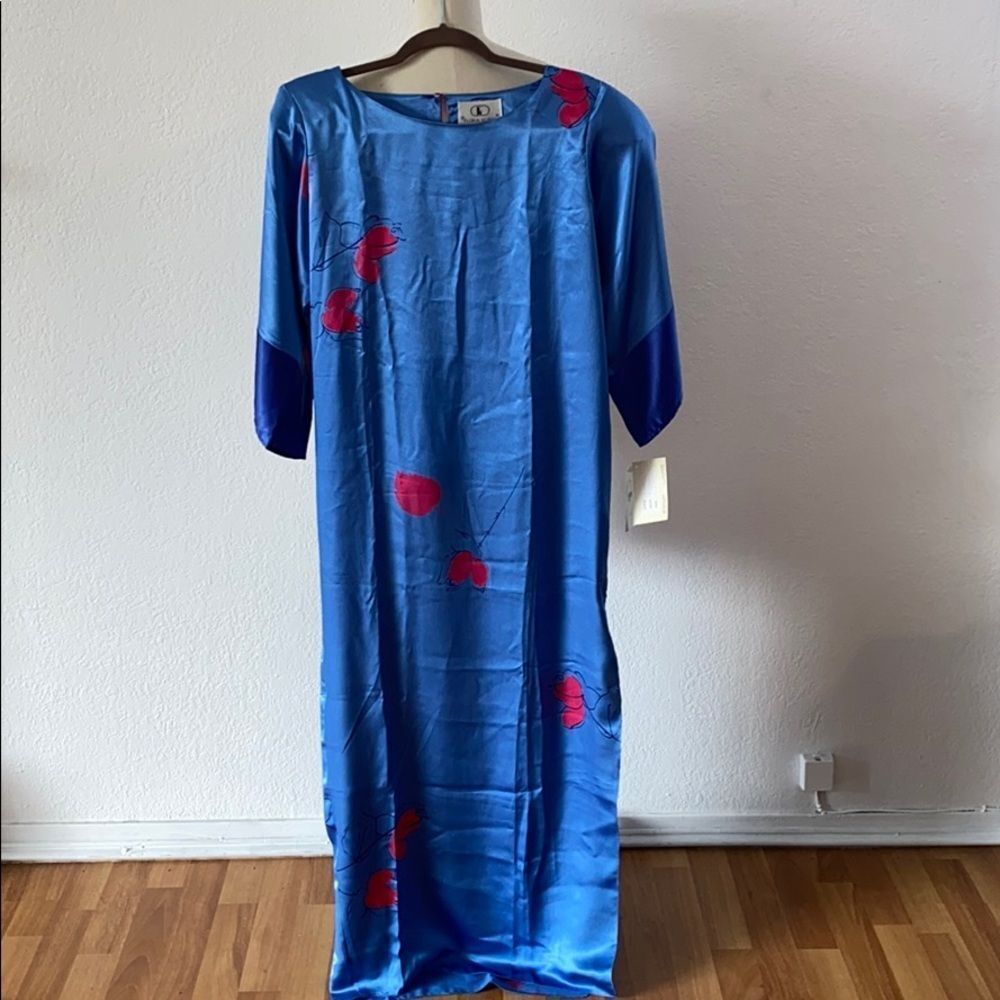 New Vintage Flora Kung Blue floral maxi boho dress